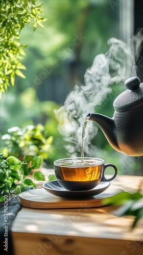 Warm Tea Being Poured Into a Cup With Steam Rising in a Cozy Indoor Setting.