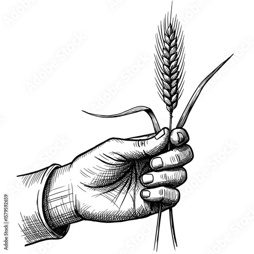 Vintage ink sketch farmer’s hand holding a wheat ear, black and white engraving or vector illustration SVG.