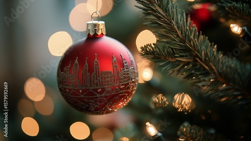 Decorative Red Christmas Ornament Hanging on Evergreen Tree With Soft Glowing...