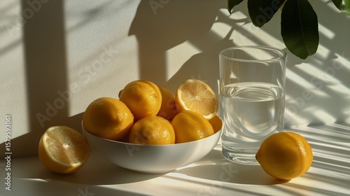 Fresh Lemons on Display With Glass of Water in Morning Light in a Cozy Kitche...