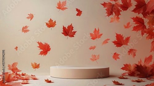Colorful Maple Leaves Float Above a Circular Platform in Autumn Setting Showc...