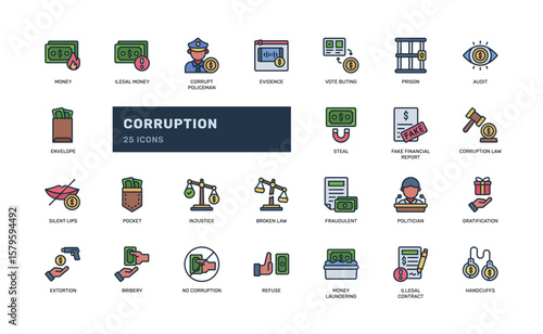 Corruption icons in colorful outline style for justice and law