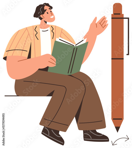 Person engaged in reading and gesturing near a large pen. Ideal for education, creativity, self-study, productivity, communication, personal growth, simple flat metaphor