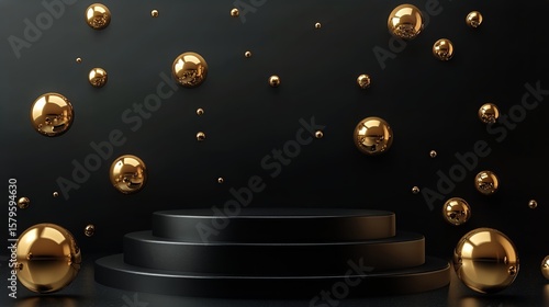 Elevated Display With Golden Spheres Against a Dark Background in Modern Desi...