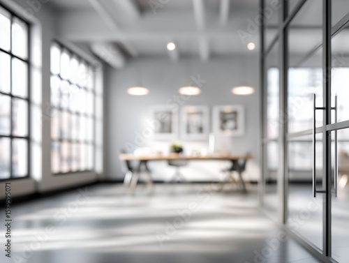 Office blurred background with white walls and natural light, space for content overlay