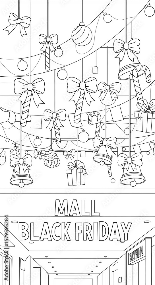 Fototapeta premium Black friday mall decorations featuring bows candy canes bells and gifts isolated on transparent background