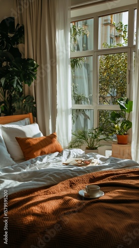Cozy Morning in a Bright Bedroom With Plants and a Cup of Coffee by the Window
