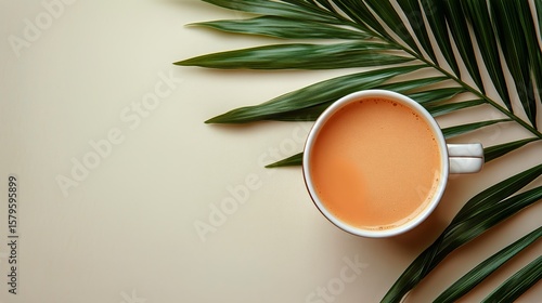 Creamy Beverage Beside Tropical Leaves in Warm Light.