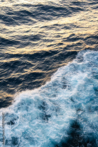 Sea water splash with foamy wave. Water surface texture. Tropical islands ferry travel. Cruiseliner trail. Ocean background. White water of sea. Marine travel banner template. Seaside vacation concept