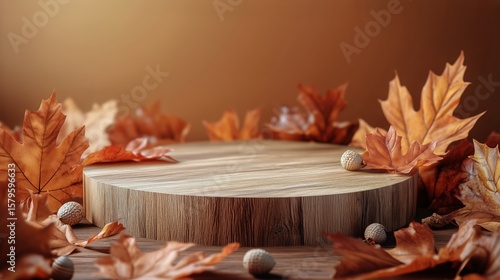 Autumn Leaves Swirling Above a Wooden Stump in a Tranquil Forest Setting Duri...