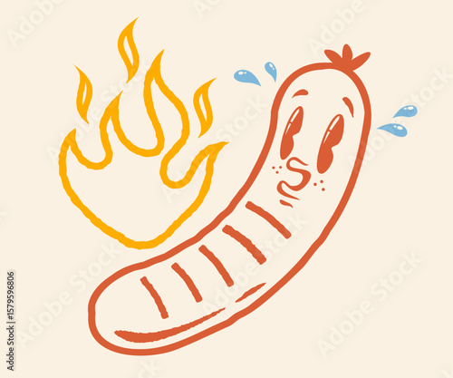 Vector illustration of a funny sausage with flame in retro groovy style. Cartoon of spicy sausagefor BBQ in vintage style.