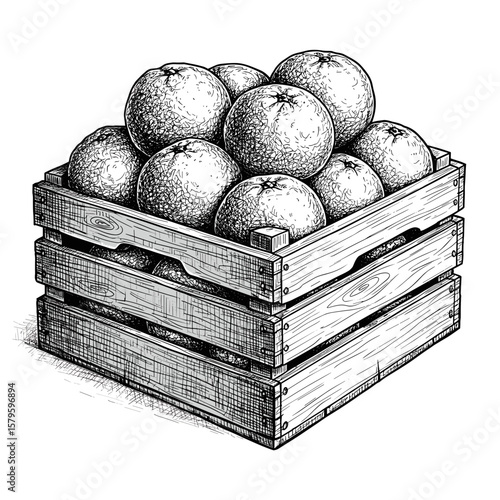 Ink sketch wooden crate with mandarins hand drawn black and white vector illustration engraving svg

