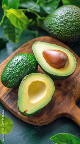 Freshly Sliced Avocados on a Wooden Board With Green Leaves in a Bright Kitch...