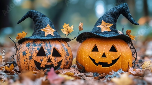 Creative Carved Pumpkins With Witch Hats in Autumn Leaves During Halloween Ce...