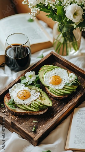 Delicious Breakfast With Avocado Toast and Eggs Enjoyed in a Cozy Setting Wit...