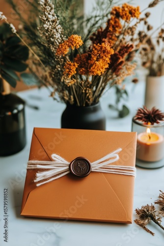 Elegant Gift Package With Decorative Flowers and Candle in a Cozy Setting