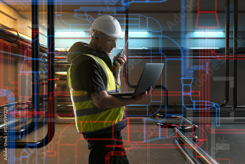 Εκτύπωση καμβά Engineer in safety gear using laptop and radio to inspect and manage complex piping system with digital pipeline overlay