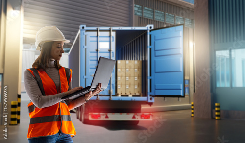 Canvastavla Female logistics coordinator in safety gear using laptop to manage cargo shipment from open container truck at warehouse