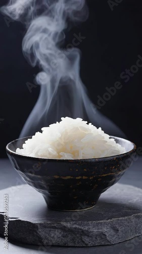 Hot Steamed White Rice in Ceramic Bowl with Rising Steam on Dark Background – Minimalist Asian Food Concept