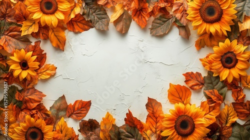 Vibrant Sunflowers and Autumn Leaves Create a Beautiful Seasonal Frame on a P...