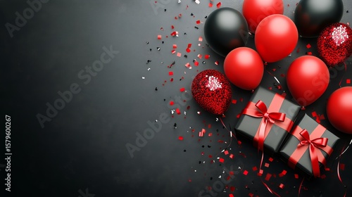 Celebratory Arrangement of Black and Red Balloons With Presents on a Dark Bac...
