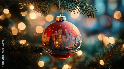 Decorative Red Christmas Ornament Hanging on Evergreen Tree With Soft Glowing...