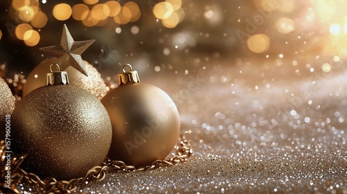 Festive Gold Ornaments and Sparkling Decorations Create a Warm Holiday Atmosp...
