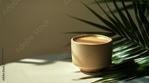 Warm Beverage Resting on Table Beside Lush Palm Leaf in Natural Light Setting