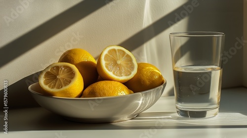 Fresh Lemons in a Bowl With a Glass of Water Illuminated by Morning Sunlight