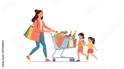 An illustration of a smiling mother shopping with her two happy children, pushing a full grocery cart and carrying shopping bags, symbolizing family bonding, daily life, and consumer lifestyle.