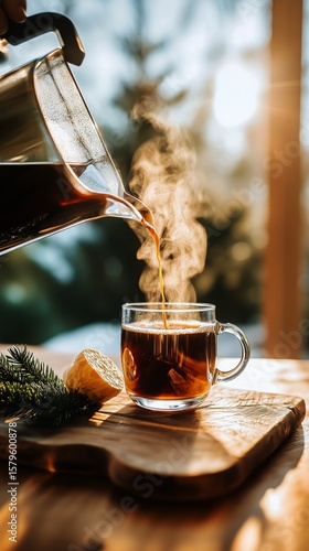 Pouring Hot Coffee Into a Cup With Steam Rising in a Sunlit Cafe.