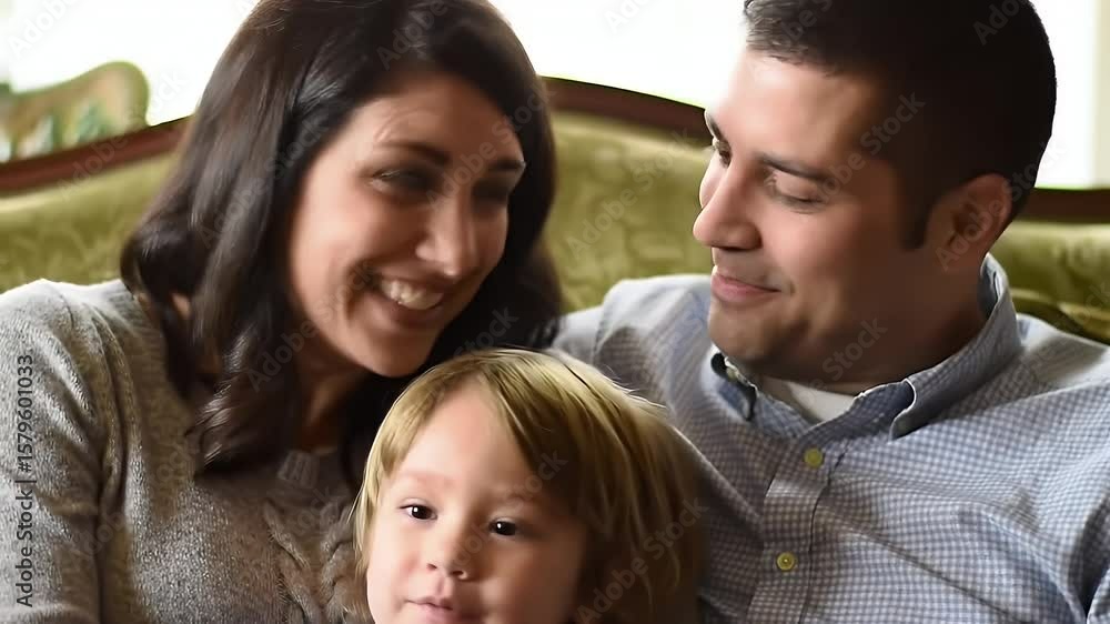 Warm Family Portrait of Smiling Parents and Child on Olive Couch Symbolizing Happiness and Bonding Warm Family Portrait of Smiling Parents and Child on Olive Couch Symbolizing Happiness and Bonding