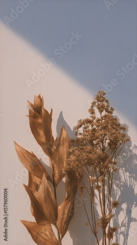 Natural Dried Flowers Cast Shadows on a Simple Wall During the Afternoon Light