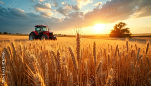 Fototapeta Naklejka Na Ścianę i Meble -  Golden wheat field at sunset with a red tractor harvesting grain. Rural countryside scene, summer agriculture theme. Ripe crop ready for gathering under a warm sky.