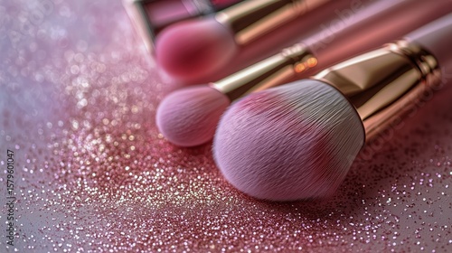 Beautiful Makeup Brushes and Cosmetic Products on a Shimmering Background.