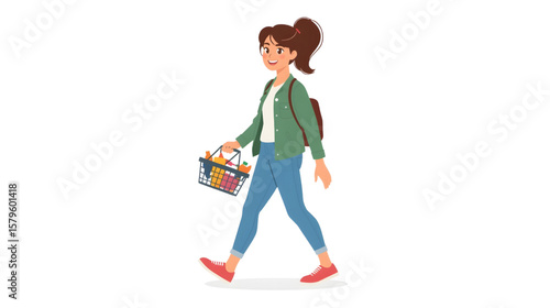 Young woman walking with a shopping basket full of colorful groceries, dressed casually in a jacket and jeans on a white background.