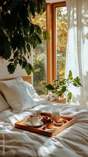 Cozy Morning in a Bright Bedroom With Plants and a Cup of Coffee by the Window.