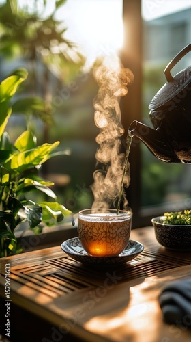 Warm Tea Being Poured Into a Cup With Steam Rising in a Cozy Indoor Setting