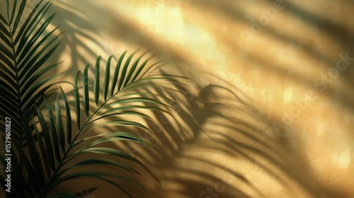 Shadows of Green Leaves Cast on a Warm Golden Wall During Afternoon Light in ...