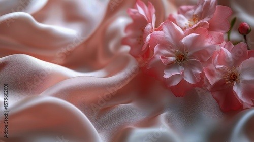Soft Pink Silk Fabric Draped With Delicate Cherry Blossom Flowers for a Seren...