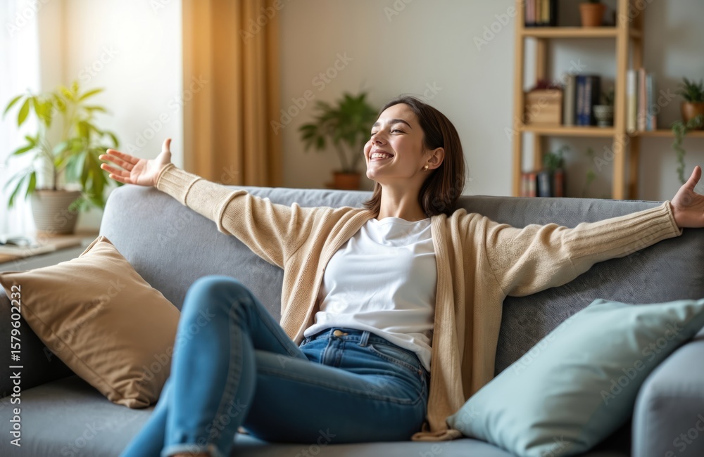 Obraz premium Young woman resting on sofa, arms spread wide, smiling joyfully. Relaxed female enjoys comfort in living room interior. Healthy lifestyle, self-care, and peaceful home environment shown.