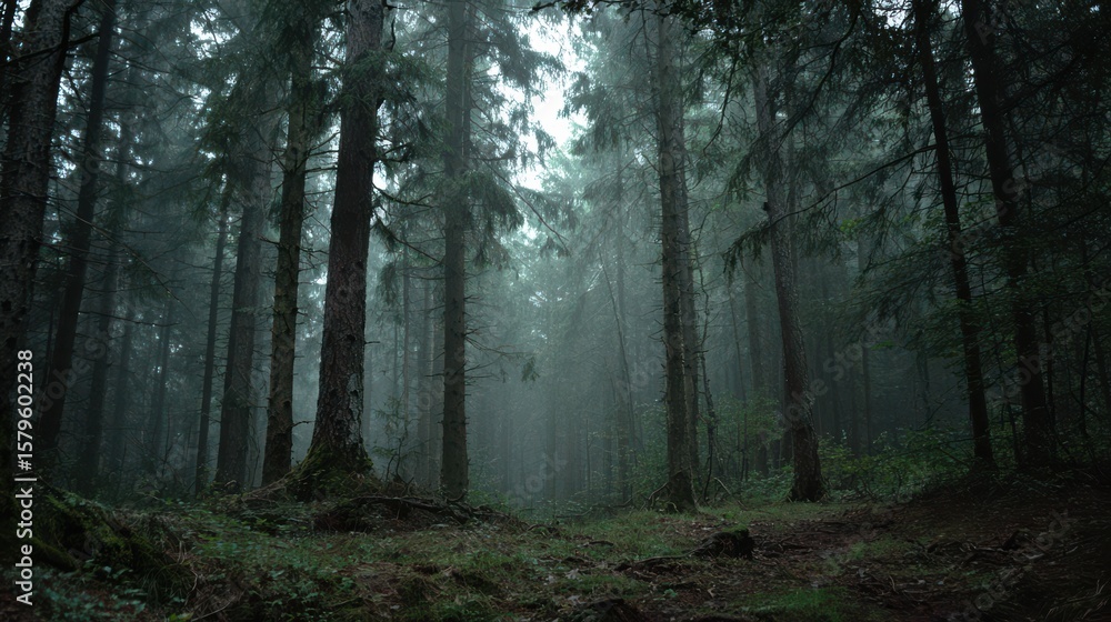 Obraz premium Spooky forest trail at dusk with fog and mystery vibe