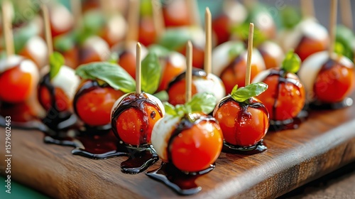 Grilled Vegetable Skewers Served on a Wooden Board With Fresh Basil and Balsa...