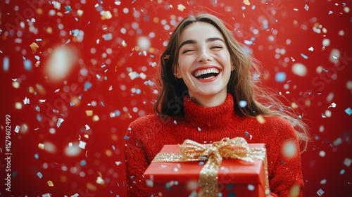 Joyful Woman Celebrating With a Gift Amidst Colorful Confetti in a Festive Se...