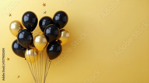 Colorful Black and Gold Balloons Against a Bright Yellow Backdrop for Celebra...