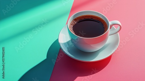 Coffee Cup Placed on a Vibrant Backdrop With Contrasting Colors in a Bright S...