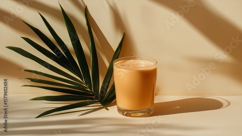 Creamy Beverage Beside Tropical Leaves in Warm Light