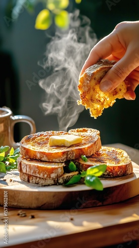 Delicious French Toast Served With Melting Butter on a Wooden Platter in a Co...