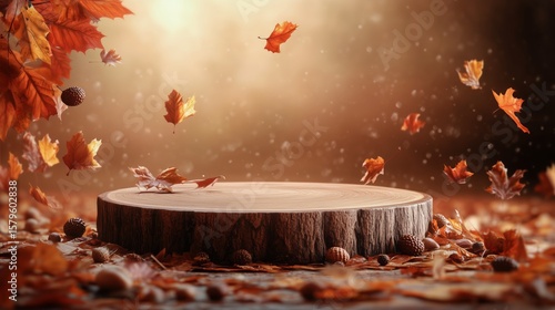 Autumn Leaves Swirling Above a Wooden Stump in a Tranquil Forest Setting Duri...