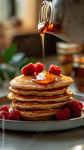 Stack of Fluffy Pancakes Topped With Butter and Syrup at a Cozy Breakfast Set...